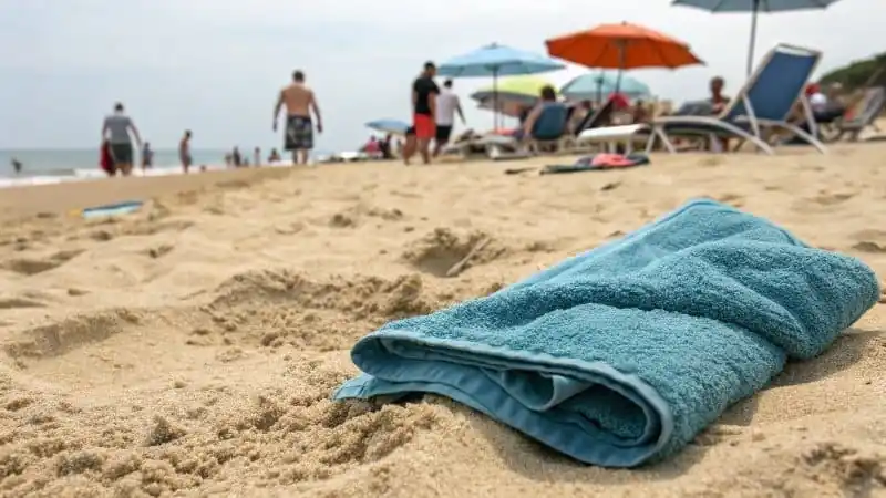 Una pequeña y gruesa toalla de baño cubierta de arena, que parece fuera de lugar en una playa.