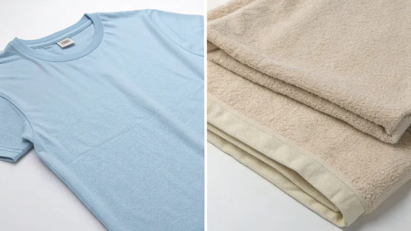 un collage de diferentes productos textiles como camisetas, sudaderas y toallas con sus valores en g/m².
