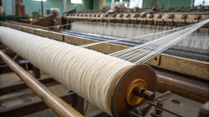 Una bobina de hilo de algodón de fibra larga, liso y resistente, junto a un hilo de fibra corta peludo.