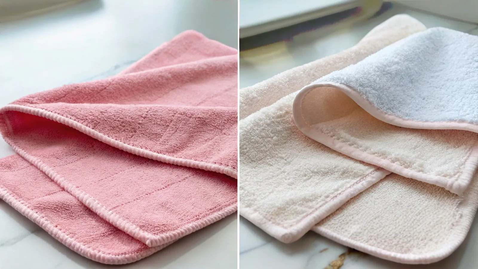A split image showing a cotton towel on one side and a microfiber cloth on the other.