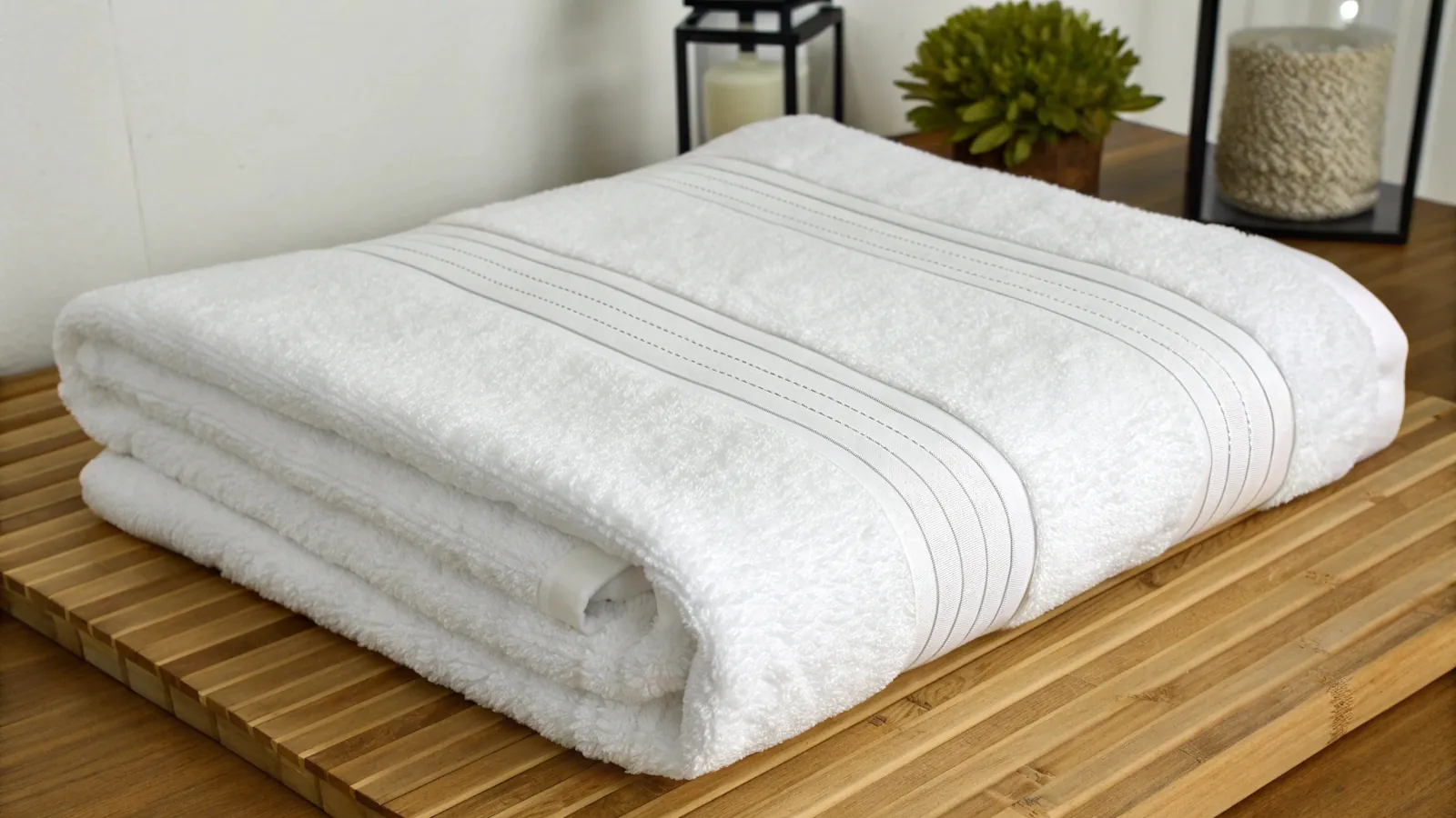 A classic white bath towel hanging on a rack